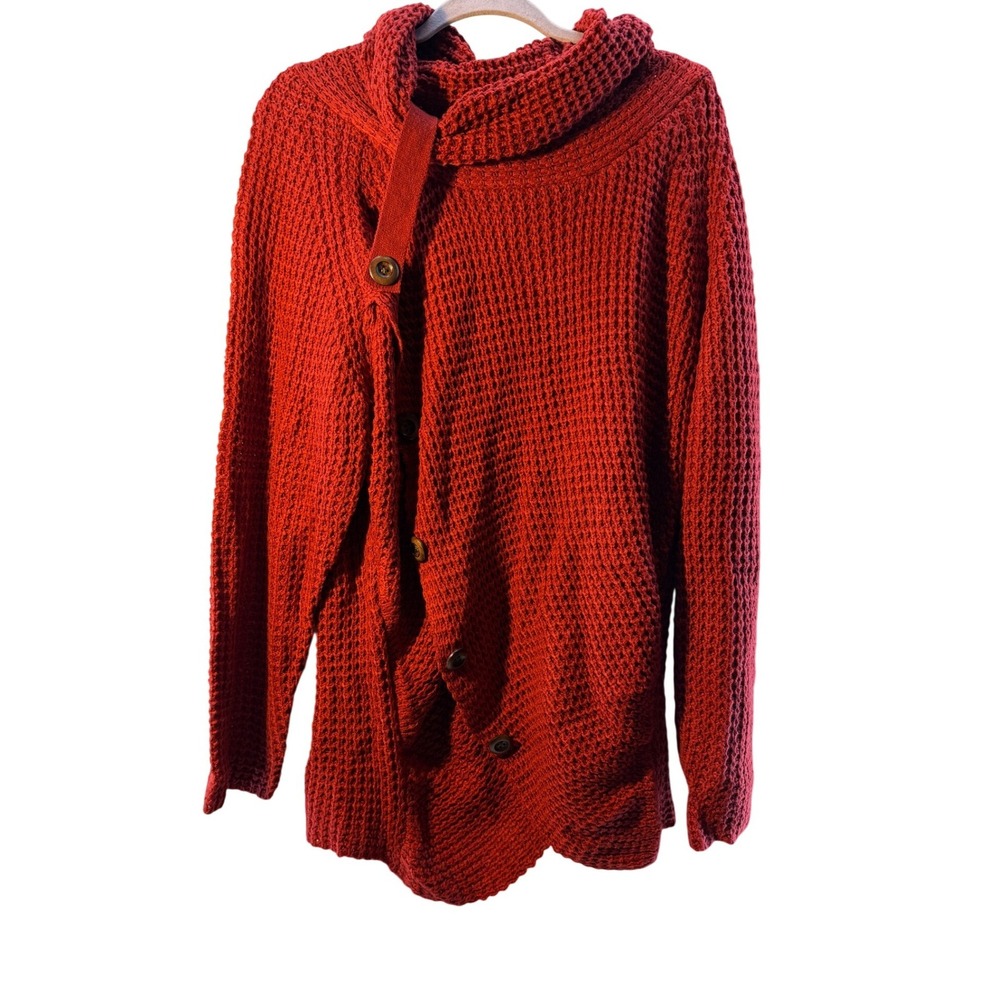 Indigo Soul Red Waffle Knit Cowl Neck Button Accent Tunic Sweater 2XL